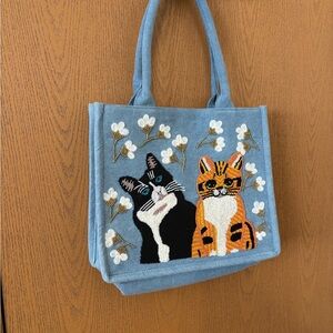 Chic Blue Cat Embroidered Tote Bag